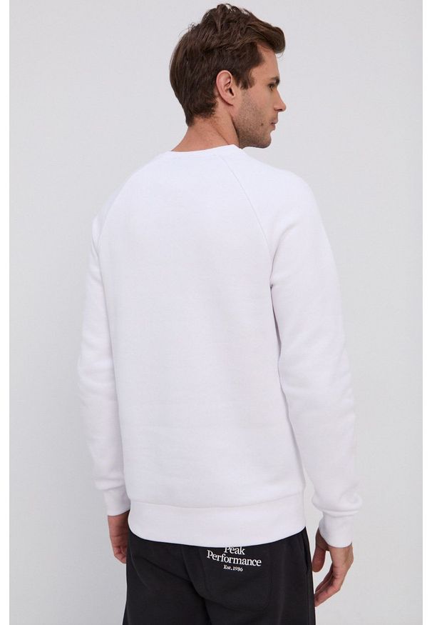 Peak Performance Bluza męska kolor biały melanżowa. Okazja: na co dzień. Kolor: biały. Materiał: dzianina, bawełna. Długość rękawa: raglanowy rękaw. Wzór: melanż. Styl: casual