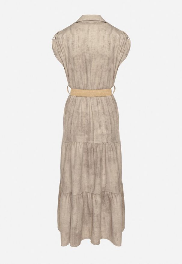 Born2be - Beżowa Sukienka Ozdobiona Plecionym Paskiem i Guzikami Filianea. Okazja: na co dzień. Kolor: beżowy. Materiał: jeans. Wzór: aplikacja. Styl: casual, elegancki