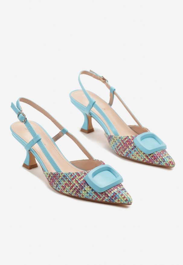 Renee - Niebieskie Sandały Tweedowe na Kaczuszce Slingback Ozdobione Aplikacją Rosaviela. Okazja: na co dzień, na imprezę. Zapięcie: sprzączka. Kolor: niebieski. Wzór: aplikacja. Sezon: lato, wiosna. Obcas: na szpilce. Styl: elegancki, casual. Wysokość obcasa: średni