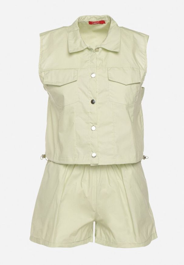 Born2be - Jasnozielony Komplet z Bawełny Góra na Guziki Szorty z Elastyczną Gumką w Pasie Nestamay. Kolor: zielony. Materiał: bawełna