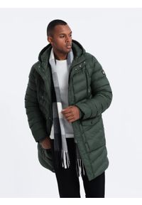 Ombre Clothing - Kurtka męska zimowa parka pikowana - ciemnooliwkowa V1. Kolor: oliwkowy. Materiał: nylon. Długość: długie. Sezon: zima