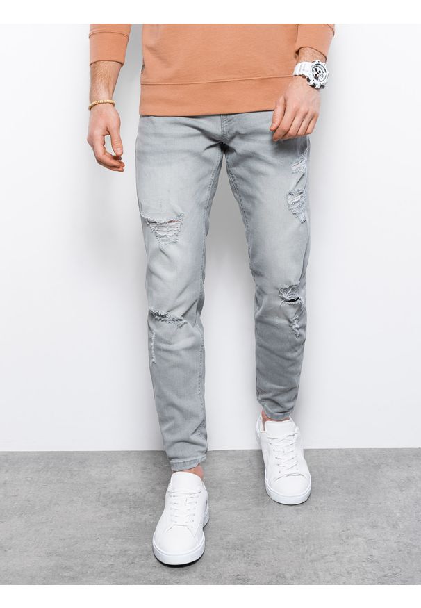 Ombre Clothing - Spodnie męskie jeansowe z dziurami REGULAR FIT P1024 - szare - XXL. Okazja: na co dzień. Kolor: szary. Materiał: jeans. Styl: casual, klasyczny