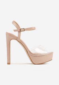 Born2be - Beżowe Sandały Lakierowane na Szpilce i Platformie z Transparentną Cholewką Daphine. Zapięcie: sprzączka. Kolor: beżowy. Materiał: lakier. Obcas: na platformie. Styl: wizytowy, klasyczny, elegancki #8