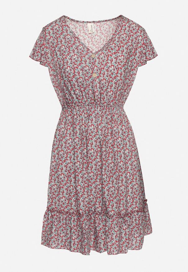 Born2be - Bordowa Bawełniana Rozkloszowana Sukienka w Kwiaty z Falbanami i Gumką w Talii Nelyse. Okazja: na co dzień. Kolor: czerwony. Materiał: bawełna. Długość rękawa: krótki rękaw. Wzór: kwiaty. Typ sukienki: rozkloszowane. Styl: casual