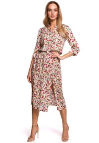 MOE - Sukienka Midi w Kwiatki z Rozcięciem z Przodu - Model 5. Materiał: wiskoza. Wzór: kwiaty. Długość: midi