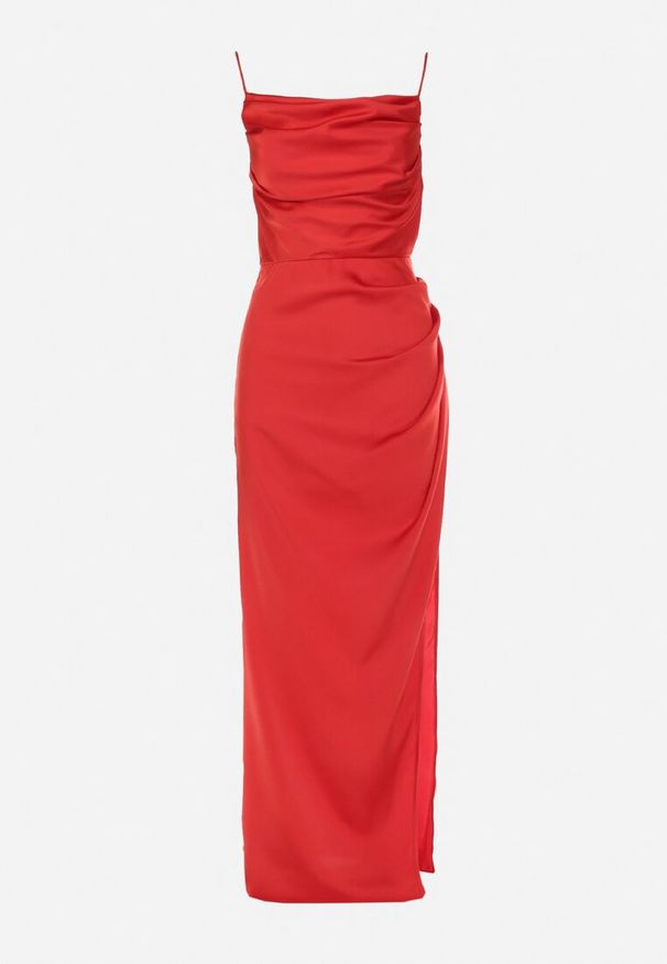 Born2be - Czerwona Satynowa Sukienka Maxi z Rozcięciem na Dole Hacheyar. Kolor: czerwony. Materiał: satyna. Długość rękawa: na ramiączkach. Styl: elegancki. Długość: maxi