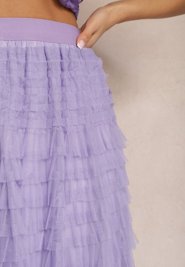 Renee - Jasnofioletowa Tiulowa Spódnica Maxi z Gumką w Pasie i Falbankami Mahlia. Kolor: fioletowy. Materiał: tiul