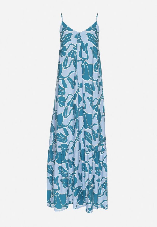 Born2be - Niebieska Rozkloszowana Sukienka na Ramiączkach z Wiskozowej Tkaniny w Kwiaty Sepelvia. Okazja: na co dzień. Typ kołnierza: dekolt w kształcie V. Kolor: niebieski. Materiał: wiskoza, tkanina. Długość rękawa: na ramiączkach. Wzór: kwiaty. Sezon: lato. Styl: casual, elegancki