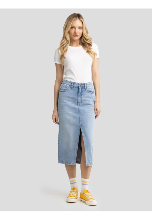 Big-Star - Spódnica damska midi jeansowa niebieska Cara 118. Okazja: na co dzień. Stan: podwyższony. Kolor: niebieski. Materiał: jeans. Styl: sportowy, klasyczny, elegancki, casual