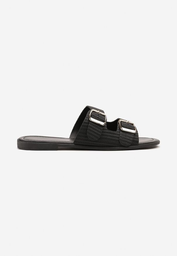 Born2be - Czarne Klapki z Dwoma Paskami i Klamrami Iffunise. Okazja: na co dzień, na spacer. Kolor: czarny. Materiał: jeans. Styl: elegancki, casual
