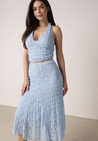 Born2be - Niebieski Koronkowy Komplet Top Wiązany na Szyi i Spódnica Corinatea. Kolor: niebieski. Materiał: koronka #5