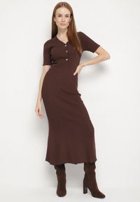 Born2be - Brązowa Dzianinowa Sukienka z Wiskozą o Taliowanym Kroju z Guzikami Fenallea. Okazja: do pracy, na spotkanie biznesowe. Kolor: brązowy. Materiał: wiskoza, dzianina. Styl: biznesowy, elegancki #1