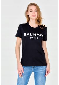 Balmain - BALMAIN Czarny damski t-shirt z guzikami. Kolor: czarny. Materiał: bawełna