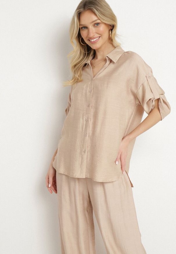 Born2be - Beżowy Komplet z Wiskozy Koszula z Podpinanymi Rękawami i Szerokie Spodnie Dormoi. Kolor: beżowy. Materiał: wiskoza
