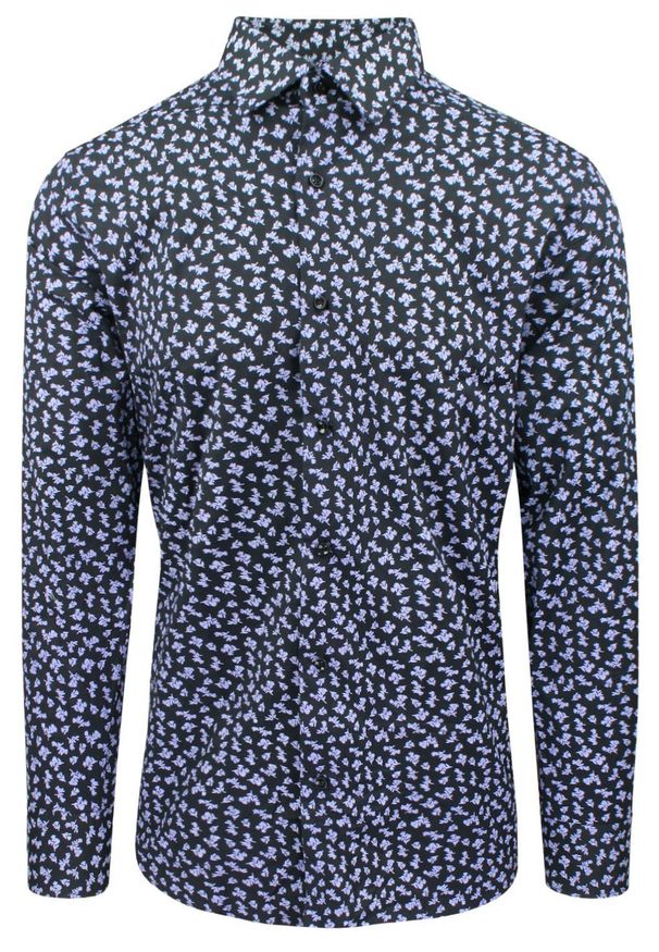 Koszula Męska, Elegancka o Regularnym Kroju - Victorio - Czarna w Kwiatki. Okazja: na co dzień. Kolor: czarny. Materiał: poliester, elastan, bawełna. Długość rękawa: długi rękaw. Długość: długie. Wzór: kwiaty. Styl: elegancki
