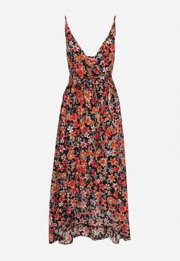 Born2be - Czarno-Pomarańczowa Bawełniana Sukienka Kopertowa na Cienkich Ramiączkach w Kwiatowy Wzór Rissamira. Okazja: na co dzień, na randkę, na spacer. Kolor: czarny. Materiał: bawełna. Długość rękawa: na ramiączkach. Wzór: kwiaty. Sezon: lato. Typ sukienki: kopertowe. Styl: casual, elegancki