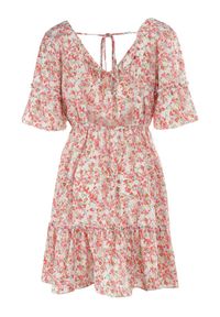 Born2be - Różowa Sukienka Myspheme. Typ kołnierza: dekolt w serek. Kolor: różowy. Materiał: tkanina. Długość rękawa: krótki rękaw. Wzór: kolorowy, kwiaty. Sezon: lato. Długość: mini #3
