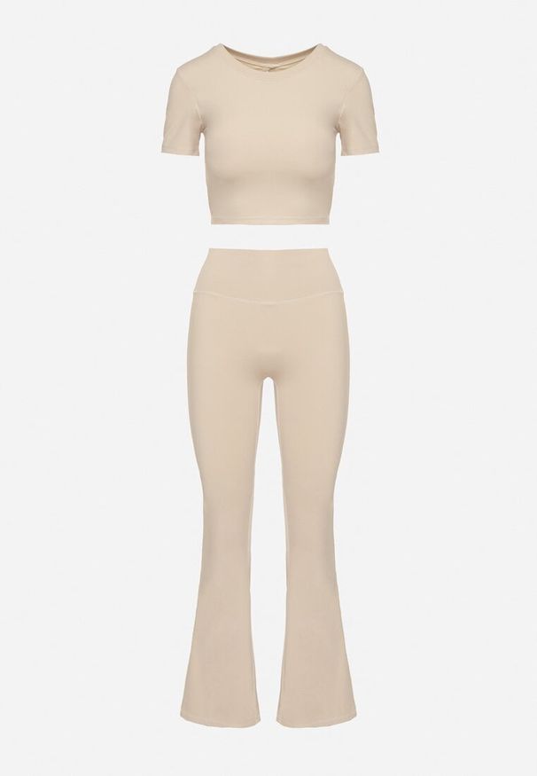 Born2be - Beżowy Komplet Sportowy Koszulka ze Sznurowaniem i Spodnie Lumarelle. Kolor: beżowy