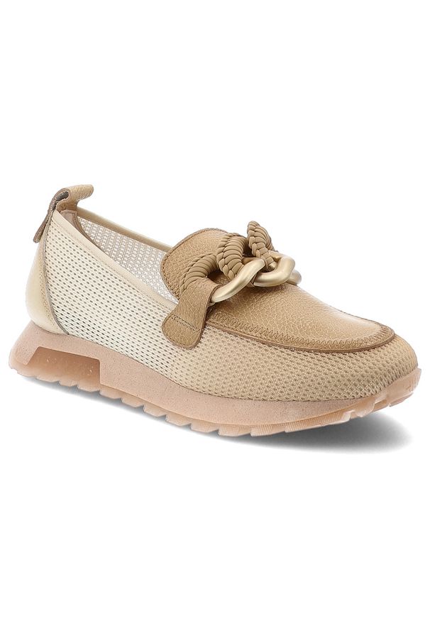 Półbuty damskie Hispanitas, ze skóry naturalnej z tekstylnymi wstawkami z siateczki wsuwany krój metalowa ozdoba na podbiciu, beżowe, SHV264834 Sumat. Kolor: beżowy. Materiał: skóra. Szerokość cholewki: normalna. Wzór: aplikacja. Sezon: wiosna, lato. Styl: elegancki