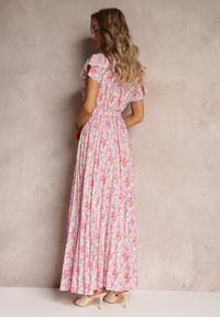 Renee - Jasnoróżowa Plisowana Sukienka Maxi w Kwiatki z Gumką w Talii Ikama. Kolor: różowy. Materiał: materiał. Wzór: kwiaty. Długość: maxi