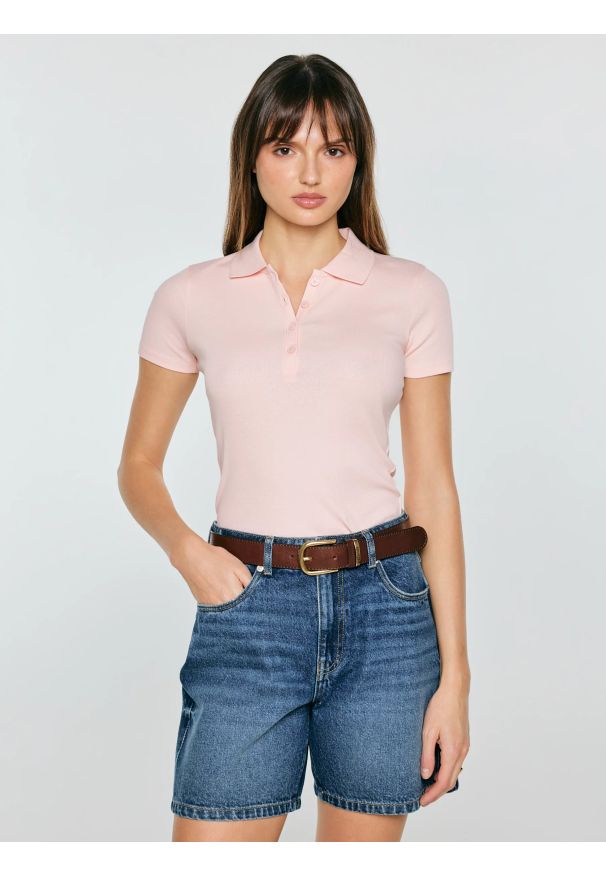 Big-Star - Koszulka damska polo slim z subtelnym haftem różowa Rafaela 601. Typ kołnierza: polo. Kolor: różowy. Materiał: materiał, prążkowany, dzianina. Wzór: haft. Sezon: wiosna, lato. Styl: sportowy, klasyczny