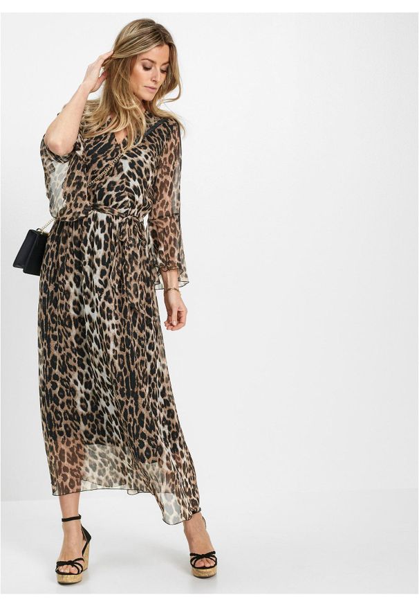 bonprix - Sukienka maxi w panterkę. Kolor: beżowy. Materiał: szyfon. Wzór: motyw zwierzęcy. Styl: elegancki, klasyczny. Długość: maxi
