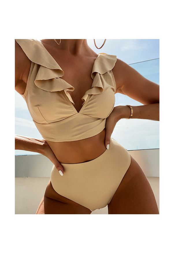 Intica - Dwuczęściowy strój kąpielowy z falbankami i wysoką talią Iolanthe. Kolor: pomarańczowy. Materiał: materiał