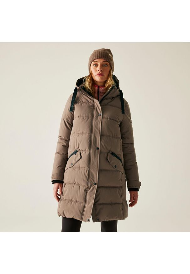 Regatta - Płaszcz damski zimowy ocieplany Eryn. Kolor: brązowy. Materiał: puch, syntetyk. Sezon: zima. Sport: turystyka piesza