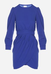 Born2be - Niebieska Sukienka z Marszczeniem i Bufiastymi Rękawami Redenia. Kolor: niebieski. Styl: elegancki, klasyczny #2
