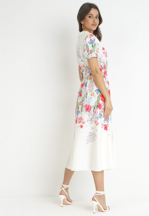 Born2be - Beżowa Koszulowa Sukienka w Kwiaty z Paskiem Islaine. Kolor: beżowy. Wzór: kwiaty. Typ sukienki: koszulowe. Długość: midi