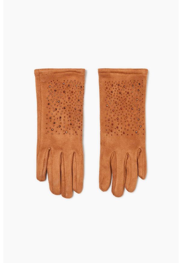 MOODO - Rękawiczki z dżetami brązowe. Kolor: brązowy. Materiał: poliester
