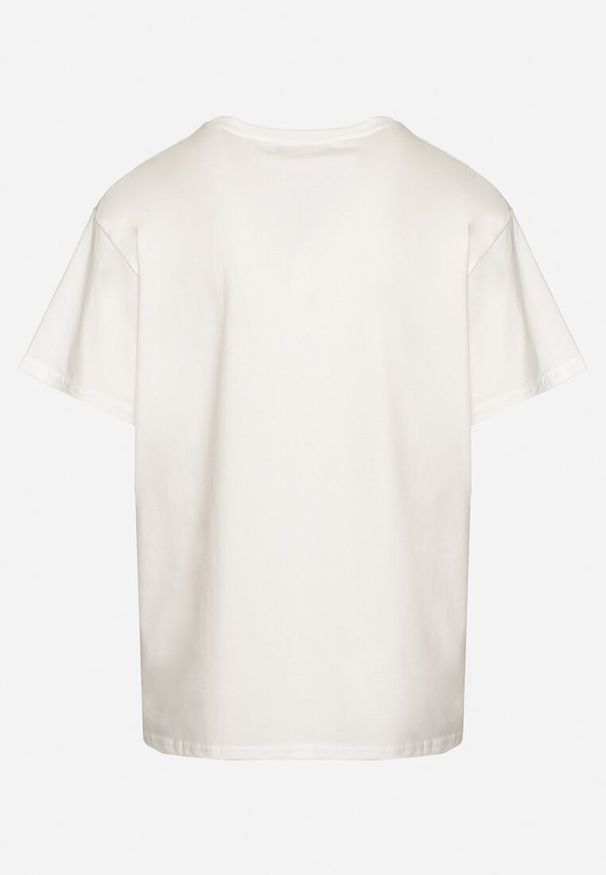 Born2be - Biały T-shirt z Bawełny Ozdobiony Haftowanym Napisem z Cekinami Marisiana. Okazja: na co dzień. Kolor: biały. Materiał: bawełna. Wzór: aplikacja, napisy, haft. Styl: klasyczny, glamour, casual