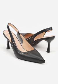 Renee - Czarne Sandały Slingback na Szpilce z Aplikacją z Nitami Sewluna. Kolor: czarny. Materiał: koronka. Wzór: aplikacja. Obcas: na szpilce. Styl: elegancki. Wysokość obcasa: średni #6