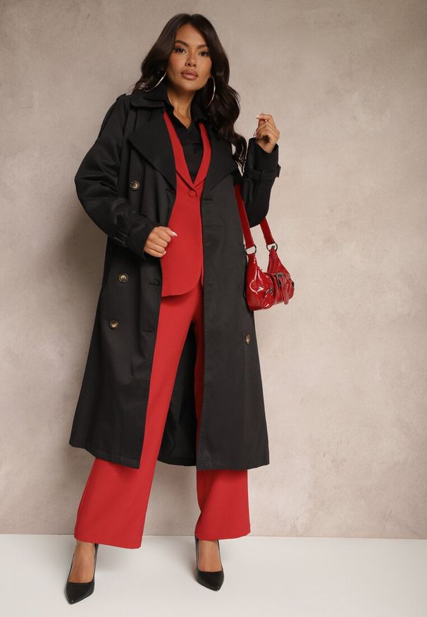 Renee - Czarny Oversizowy Płaszcz Trencz o Dwurzędowym Kroju z Paskiem Darinella. Okazja: na co dzień. Kolor: czarny. Materiał: jeans. Styl: casual, elegancki