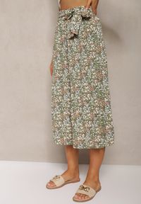 Renee - Zielone Spodnie z Szerokimi Nogawkami High Waist z Bawełną Paskiem i Gumką w Talii Drosofia. Okazja: na co dzień. Stan: podwyższony. Kolor: zielony. Materiał: bawełna. Styl: casual, elegancki
