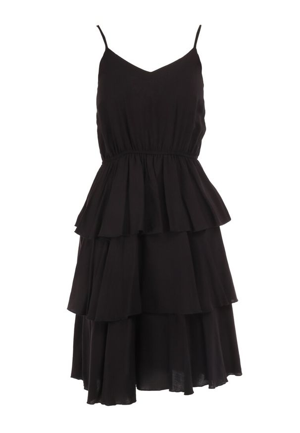 Born2be - Czarna Sukienka z Wiskozy Kephassa. Typ kołnierza: kołnierz z falbankami. Kolor: czarny. Materiał: wiskoza. Długość rękawa: na ramiączkach. Wzór: aplikacja. Typ sukienki: rozkloszowane. Styl: klasyczny