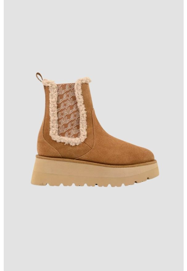 Karl Lagerfeld - KARL LAGERFELD Karmelowe damskie śniegowce SKYLAR, Rozmiar 38. Kolor: brązowy. Materiał: futro, zamsz. Szerokość cholewki: normalna