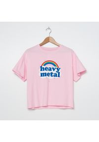 House - T-shirt oversize z napisem Heavy Metal - Różowy. Kolor: różowy. Wzór: napisy #1