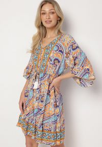 Born2be - Jasnoniebieska Sukienka z Bawełny z Frędzlami i Wzorem Boho Cleamora. Okazja: na co dzień. Typ kołnierza: dekolt w serek. Kolor: niebieski. Materiał: bawełna. Styl: boho #4