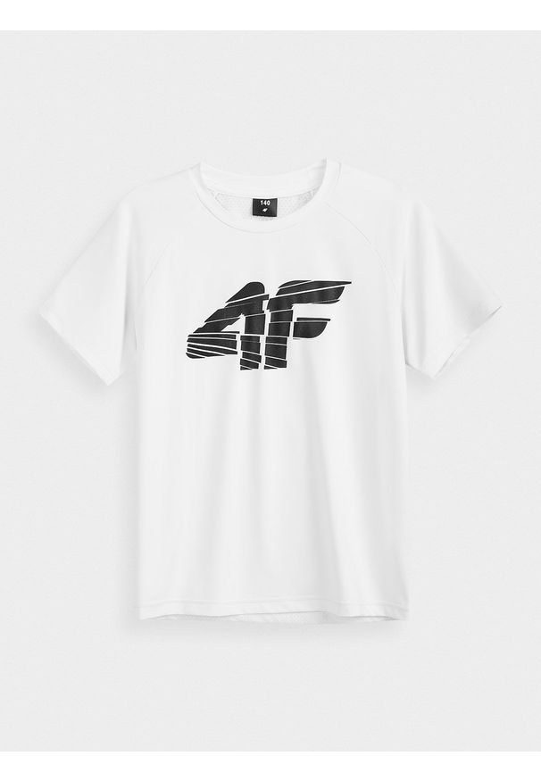 4f - Koszulka sportowa chłopięca (122-164). Kolor: biały. Materiał: włókno, dzianina. Wzór: nadruk. Styl: sportowy