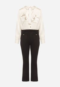 Born2be - Czarno-Beżowy Elegancki Kombinezon z Koszulową Górą z Wiązaniem i Ozdobnymi Guzikami Noriti. Okazja: na co dzień, na spotkanie biznesowe, do pracy. Kolor: czarny. Materiał: skóra. Długość rękawa: długi rękaw. Długość: długie. Styl: elegancki #4