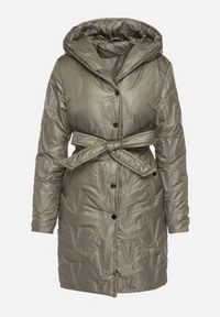 Born2be - Zielona Kurtka z Pikowanymi Przeszyciami Kapturem i Wiązanym Paskiem Erlexie. Okazja: na spotkanie biznesowe, na co dzień, na spacer, do pracy. Kolor: zielony. Materiał: dzianina, jeans. Styl: biznesowy, casual, klasyczny #6