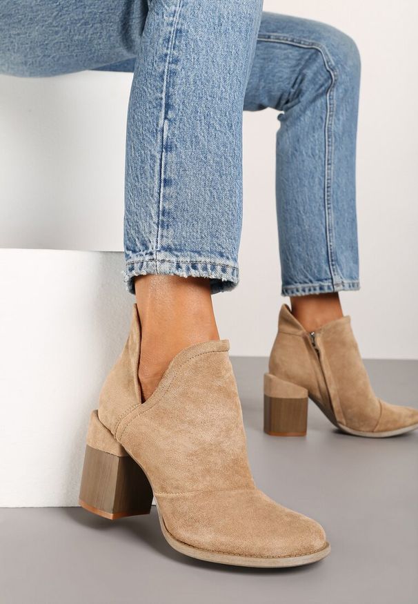 Born2be - Beżowe Botki Galithera. Okazja: na co dzień. Wysokość cholewki: za kostkę. Kolor: beżowy. Materiał: jeans. Wzór: geometria. Obcas: na słupku. Styl: elegancki, casual