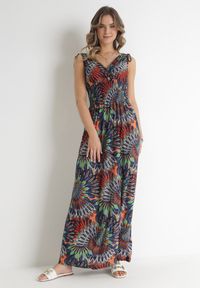 Born2be - Granatowo-Pomarańczowa Sukienka Euphiche. Kolor: niebieski. Wzór: aplikacja, kolorowy. Typ sukienki: kopertowe. Styl: boho. Długość: maxi #1