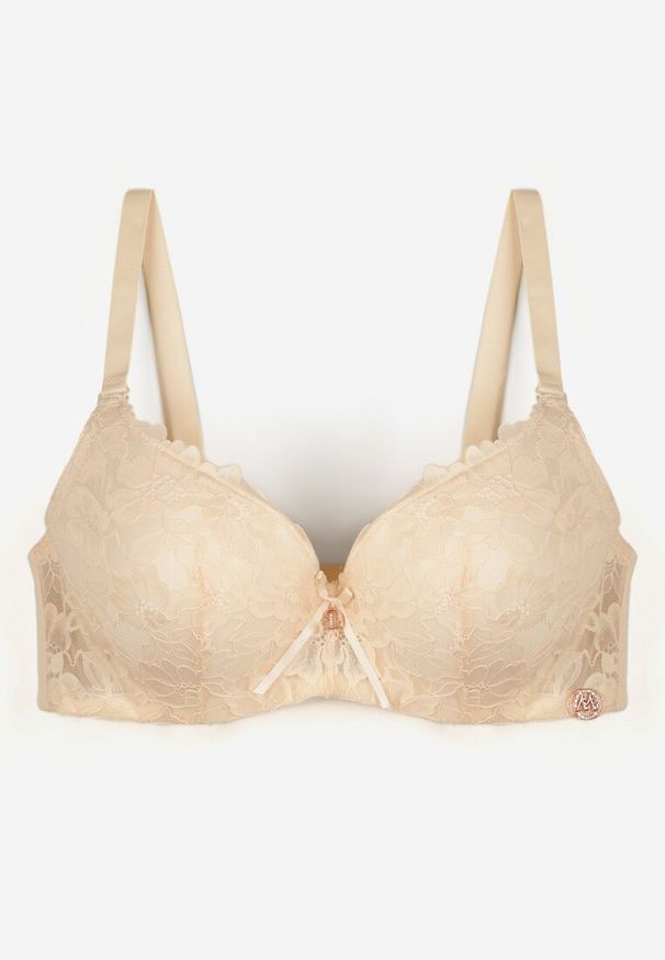 Renee - Beżowy Biustonosz Ozdobiony Koronką i Kokardką Aqiany. Kolor: beżowy. Materiał: koronka. Wzór: aplikacja, koronka