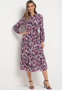 Born2be - Fuksjowa Koszulowa Sukienka Midi z Wiązanym Paskiem Evalyn. Kolor: różowy. Materiał: materiał. Długość rękawa: długi rękaw. Typ sukienki: koszulowe. Długość: midi #5