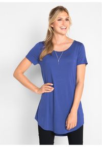 bonprix - Długi shirt z przyjaznej dla środowiska wiskozy, krótki rękaw. Kolor: niebieski. Materiał: wiskoza. Długość rękawa: krótki rękaw. Długość: krótkie. Wzór: gładki #1