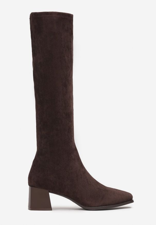 Born2be - Brązowe Kozaki na Obcasie Z Dopasowaną Cholewką Haimela. Okazja: do pracy. Zapięcie: zamek. Kolor: brązowy. Materiał: jeans, dzianina. Szerokość cholewki: normalna. Obcas: na obcasie. Styl: elegancki. Wysokość obcasa: średni