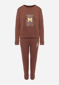 Born2be - Brązowy Bawełniany Komplet Dresowy z Ociepleniem i Misiem Bluza i Spodnie z Gumką w Pasie Nelasina. Kolor: brązowy. Materiał: dresówka, bawełna. Wzór: aplikacja #6