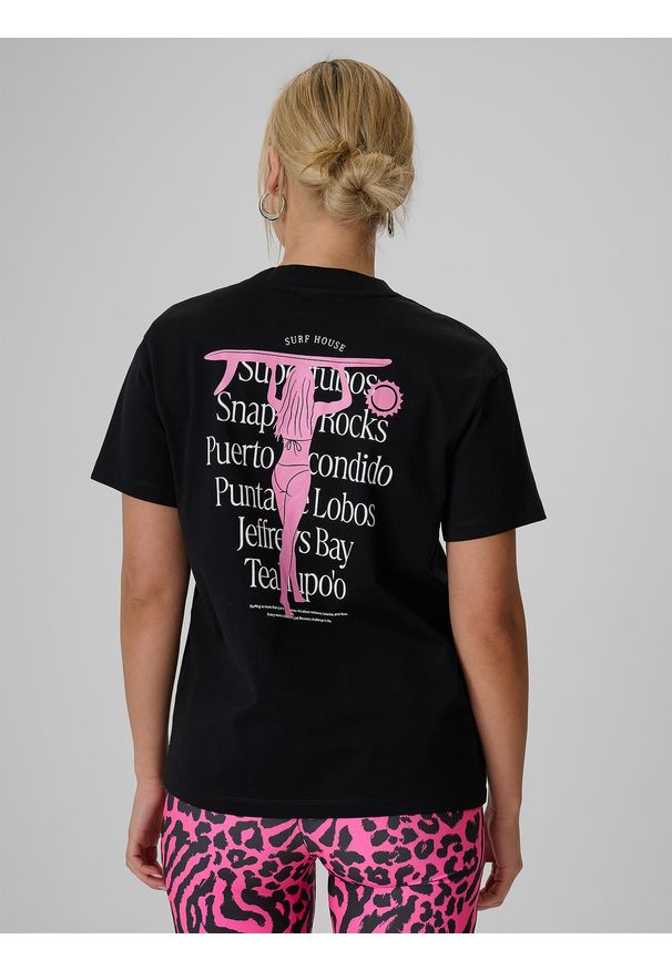 4f - 4F T-shirt loose z nadrukiem damski - czarny M. Okazja: na co dzień, na spacer, do pracy, na plażę. Kolor: czarny. Materiał: bawełna, dzianina. Wzór: nadruk. Sezon: lato. Styl: wakacyjny, casual, klasyczny, sportowy